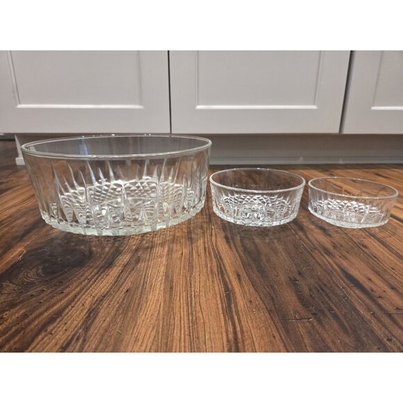 ARCOROC FRANCE CLEAR STARBURST DIAMOND PATTERN SERVING BOWL Vtg Set Of 3 MCM - Picture 1 of 16